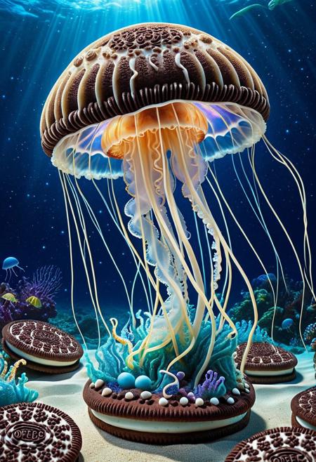 Sweet Delight, ((Jellyfish)) made of creamy cookies, ethereal sea, underwater dreamscape, stars, sealife, otherworldly, striking, lively colors, intense colors, picturesque, masterwork, exemplar quality, global illumination, SFW, PG, exquisite detail, digital art, dw01-3400