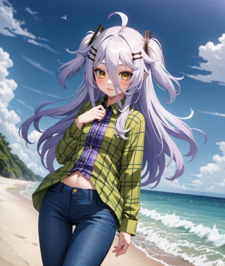 <lora:henya-v3-0-a2-000011:0.6>
1girl, solo, cowboy shot, standing, 
henya the genius, vshojo, 
beach, (plaid shirt, flannel), green shirt, jeans, blue pants,
yellow eyes, long hair, hair between eyes, ahoge, purple hair, grey hair, gradient hair, two side up, hair ornament