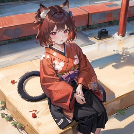 masterpiece, best quality, 1girl,(solo:1.3),standing,official art, simple background, close-up,looking at viewer, 
Ichihime,cat girl,cat ears,brown hair,short hair,red eyes,hair ribbon,hair bell,kimono,purple hakama skirt,