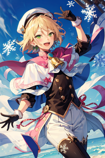 <lora:AiraShiratori-03:0.7> , aira shiratori, solo, looking at viewer, smile, short hair, open mouth, blonde hair, gloves, 1boy, hat, green eyes, pink hair, male focus, frills, black gloves, bell, capelet, gift, brown gloves, snowflakes, blue capelet, snowflake print