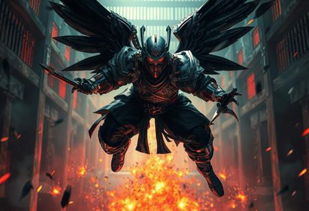 A high-resolution, 8K image of a Blade Armor Ninja with black wings, floating in random positions on a Dimensional Prison background. The Ninja, a dictator-like figure, is plus-sized, with a hyper maximalist design and rich, deep colors. The image features dynamic action pose, captivating lighting, vivid emotions, and a powerful message. The composition is impeccable, with a creative angle, attractive background, and balanced editing. The image is rendered with Octane Render and Unreal Engine 5, with a Raphael style and splash ink illustration. The Ninja's face, eyes, and clothes are super-detailed, handcrafted with precision, and the image features stunning colors, harmonious color palette, and multi-colored elements. The image is a masterpiece with intricate details, incredible depth, and has the potential to trend on ArtstationHQ, CGSociety, and other popular art platforms. The image is also suitable for concept art and matte painting.