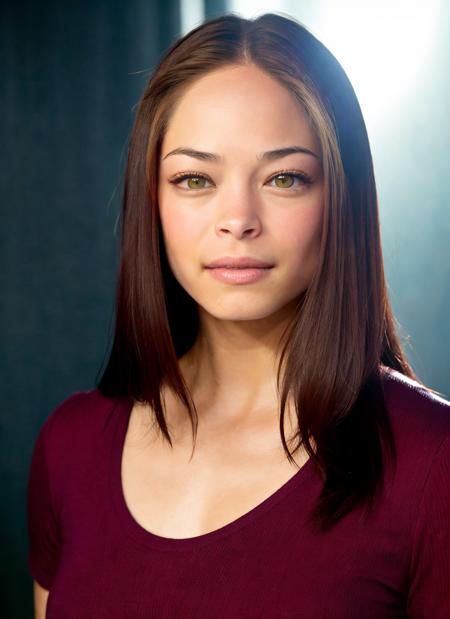 portrait of Kristin Kreuk, flustered , wearing top , with burgundy Straight hair , background space epic (photo, studio lighting, hard light, sony a7, 50 mm, matte skin, pores, colors, hyperdetailed, hyperrealistic), <lyco:Kristin Kreuk:1.1>