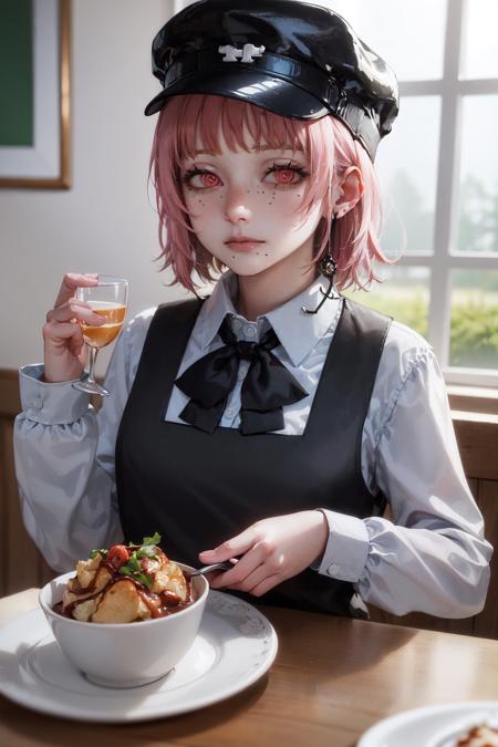 (masterpiece, best quality:1.2), <lora:csm_fami-10:1>, upper body, solo, 1girl, fami \(chainsaw man\), expressionless, closed mouth, looking at viewer, elbows on plate, pink hair, black hat, red eyes, school uniform, pinafore dress, white shirt, neck ribbon, indoors, food on plate, drinking glass