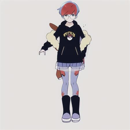 pokemon_penny_dan, 1girl, full_body, male_focus, simple_background, skirt