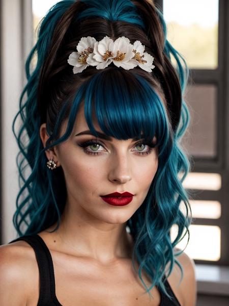 a woman with blue hair and red lipstick, beautiful symmetrical eyes, sexy girl with dark brown hair, very beautiful goth top model, inspired by Olivia de Berardinis, short brown hair with bangs, cosplay on black harley queen, human realistic face, ellora, vanessa morgan, profile picture 1024px, vibrancy,