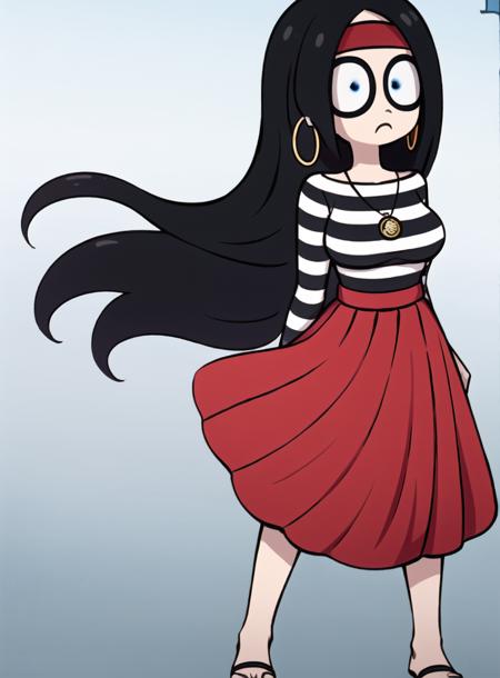 <lora:Kiki:0.7> black hair, earrings, hairband, hoop earrings, long hair, stripe shirt, kiki, full body, red skirt,standing,anime style,breasts,blue eyes, 1girl, solo