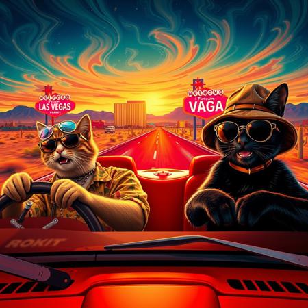 (((PERSPECTIVE FROM THE SIDE OF THE CAR))) of Two cats in a red convertible speeding down a desert highway toward a neon-lit Las Vegas skyline. The scene mirrors the iconic ‘Fear and Loathing in Las Vegas’ shot, but with feline travelers. (((The driver, a scruffy tabby in oversized aviator sunglasses and a Hawaiian shirt, grips the wheel with a wild expression. The passenger, a sleek black cat in a bucket hat and round tinted glasses, leans back with a smug grin, a cigarette dangling from its mouth and paws gesturing as he talks))).  Windshield visible with glowing luminescent bugs on it, ((perspective looking from the driver side)), exaugurated eyes and smile, smoking a joint, 
The environment is infused with psychedelic energy—distorted road signs melt into the horizon, the sky swirls with surreal colors, and cacti appear to sway and stretch. The desert landscape warps in a heatwave haze, while neon reflections shimmer in the car’s chrome details. The perspective is exaggerated and chaotic, capturing the frenetic, trippy atmosphere of the original scene in a humorous and feline twist.