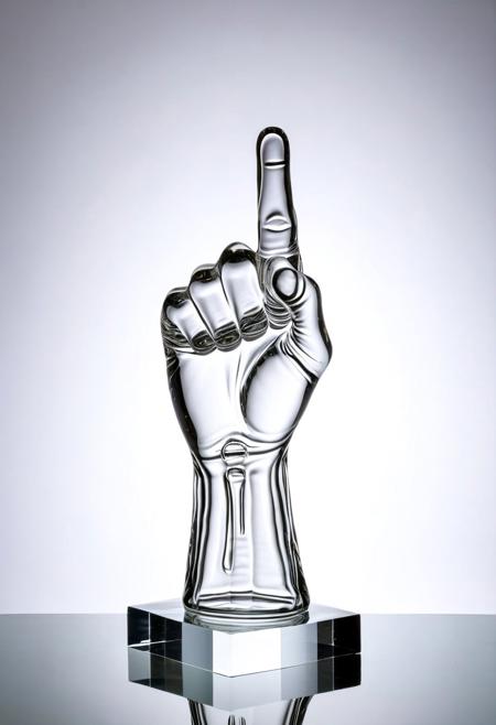 A clear glass sculpture of a raised fist showing the middle finger