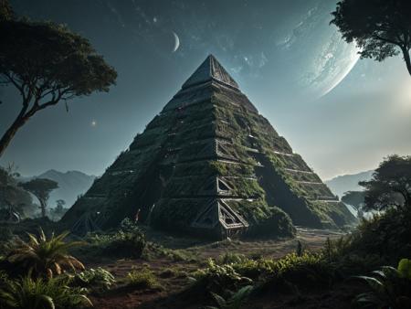 landscape of an unexplored planet from the Mass Effect universe, huge Protean pyramid with luminescent strange patterns, intricate mystical dreamlike melancholic maiden, masterpiece, intricate, Hasselblad x2D 100c, ISO 300, 1/250s, F/2,8, 38 mm, extremely high quality RAW photograph, surrealistic dense vegetation, fantastically shaped trees, SR1 Normandy spacecraft standing in the background, 8K, HDR, depth of field, dark high-contrast, extremely detailed, atmospheric haze, dramatic lighting, high contrast, intense shadow play, dark palette, <lora:add-detail-xl:1.2> <lora:Bio-Luminescence:0.6> bioluminescent, glowing,  <lora:xl_more_art-full_v1:0.6>