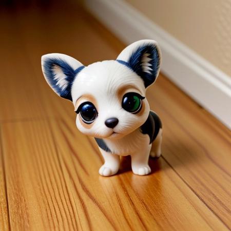 (masterpiece, best quality, absurdres, perfect anatomy, good face), photo (medium), small plastic toy, animal, littlest pet shop, lps, dog, chibi, figurine, big eyes, solo, solo focus, centered, no humans, indoors, hallway, wood floor