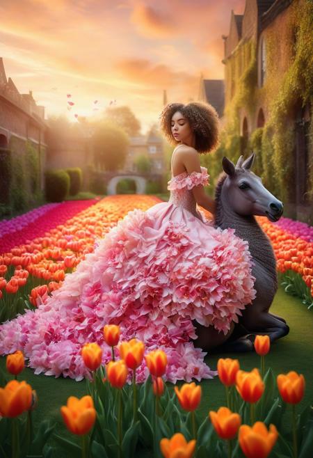 A captivating, conceptual artwork featuring a beautuful 18 years old girl with curly hair sitting gracefully on a majestic creature's back. The creature appears to be a blend of animal and mythical elements. The girl's dress is meticulously crafted from delicate tulip petals, resulting in a symphony of vibrant colors that blend harmoniously with the surroundings. The lush tulip garden serves as the backdrop, exuding elegance and serenity. The soft lighting casts a romantic ambiance, while the graffiti adds an unexpected urban touch, creating a charming and enchanting scene., painting, conceptual art, wildlife photography, cinematic, fashion, graffiti, illustration, 3d render