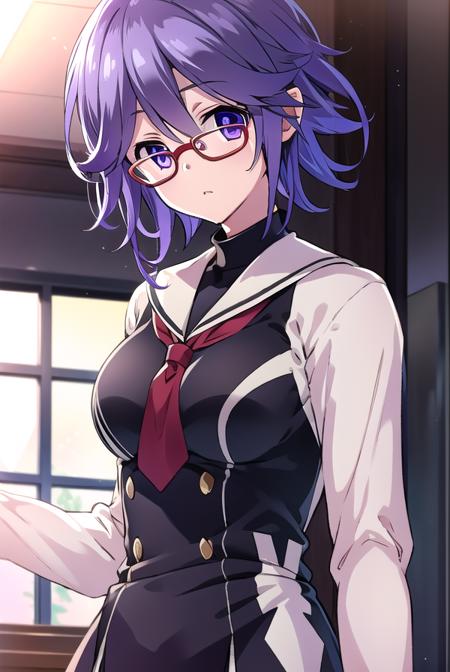 hanakazuki, <lyco:hanakazukiLYCORIStest:1>,
hana kazuki, short hair, hair between eyes, (purple eyes:1.1), purple hair,  glasses,
BREAK long sleeves, dress, school uniform, necktie, black dress, short dress, red necktie,
BREAK looking at viewer,
BREAK indoors, classroom,
BREAK <lora:GoodHands-vanilla:1>, (masterpiece:1.2), best quality, high resolution, unity 8k wallpaper, (illustration:0.8), (beautiful detailed eyes:1.6), extremely detailed face, perfect lighting, extremely detailed CG, (perfect hands, perfect anatomy),