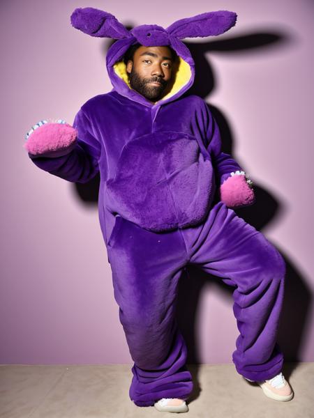 A high res photo of donald glover with a beard <lora:donald:1> wearing purple fuzzy bunny costume onesie, looking at camera,