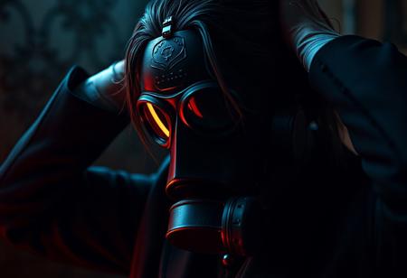 "Create a hyper-realistic, micro-detailed image in the style of horror, featuring a person in a dark suit and gas mask, depicted in a distraught state with their hands in their hair, also incorporate elements of dark-matter from Gi Joe and Apex Legends. The image should be in 16k resolution, utilizing dramatic lighting and the golden ratio, aiming for an elite and ornate aesthetic. This piece should aim to trend on ArtStation and Behance, embodying the quality of Weta Digital and the style of artists such as Zdzisław Beksiński, Adam Solondz, and Dragana Bibin."