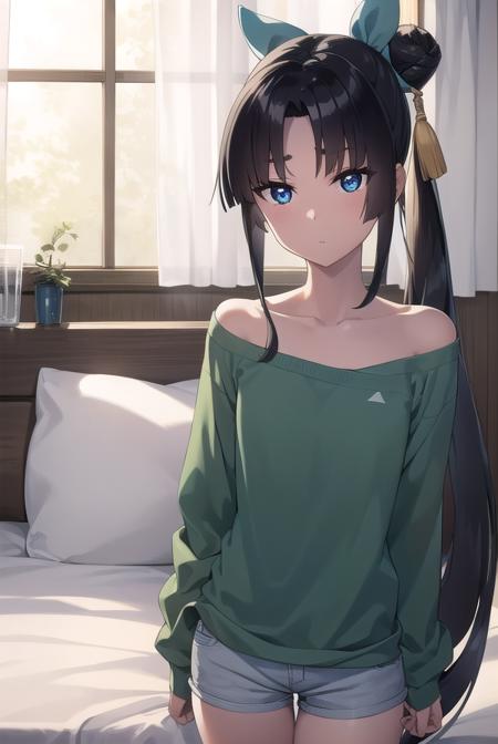 ushiwakamaru, <lora:ushiwakamarupinta-lora-nochekaiser:1>,
ushiwakamaru pinta, long hair, bangs, blue eyes, black hair, very long hair, sidelocks, hair bun, side ponytail, parted bangs,
BREAK shirt, collarbone, shorts, green shirt,
BREAK indoors, bed,
BREAK looking at viewer, (cowboy shot:1.5),
BREAK <lyco:GoodHands-beta2:1>, (masterpiece:1.2), best quality, high resolution, unity 8k wallpaper, (illustration:0.8), (beautiful detailed eyes:1.6), extremely detailed face, perfect lighting, extremely detailed CG, (perfect hands, perfect anatomy),