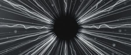 Monochrome abstract painting features a central black sphere intersecting a radial array of jagged luminiferous aether trails. The stark contrast between the void-like black and ethereal greys conjures a sensation of visual entropy. Detailed daguerreotype-like spikes radiate from the nucleus, generating an eerie chiaroscuro effect. This work suggests a collision of celestial bodies, blending minimalism with an esoteric, otherworldly energy.