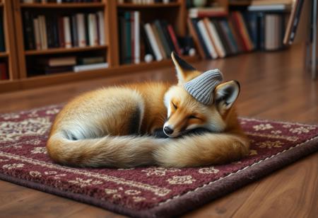 a small fox is curled up on a carpet, the carpet is on top of a wood floor, behind the fox is a bookshelf, the fox is in a rustic book store, there is a sock on the foxes head/