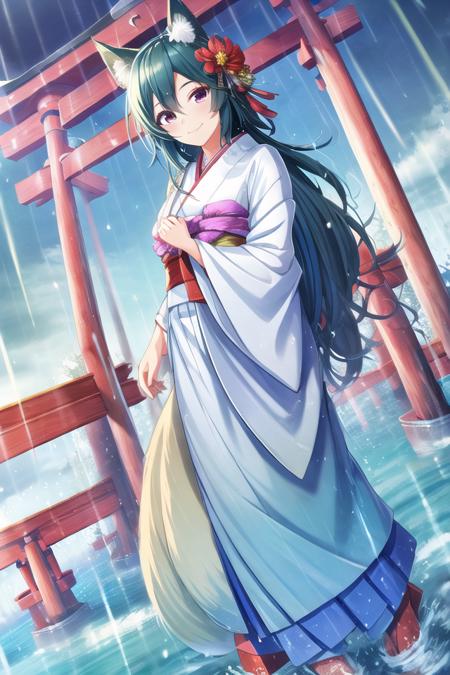 1girl, solo, masterpiece, best quality, absurdres, cute, ultra-detailed, (perfect anatomy, perfect hand), <lora:hiiragi_kotoha-000100:0.6>, hiiragi kotoha, long hair, looking at viewer, smile, closed mouth, outdoors, hair flower, dutch angle, fox tail, fox ears, fox girl, rain, white kimono, torii