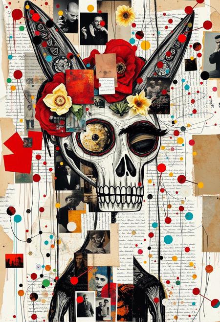 Outsider art. A surreal and deconstructed mixed-media collage in the style of Jacques Prévert with an urgent sense of chaos and energy. An analogue collage artwork blending fragmented styles, layers and textures. 
A graphic Jean-Michel Basquiat street art illustration of a Mexican Day of the Dead Alebrije. 
Layered over this obscuring the image are multiple fragmented and overlapping layers of chaotic thick paint, splatters of paint, palette knife oil paint, handwritten scrawled text messages, torn photographs and broken distorted vintage photographs filling the canvas. 
Layers of repetition of brightly coloured dots in Yayoi Kusama style. Fragmented scribbles and abstract graffiti images in Jean-Michel Basquiat style over the top. This hides sections of the image below. Outlines roughly redrawn in black. The overall effect is manic and anarchic with an urgent sense of energy.