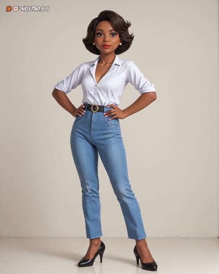 short hair, black hair, brown eyes, donna_tubbs, nostra666, black skinned woman, dark skinned woman, family guy, dark skin, dark-skinned female, lipstick, brown hair, makeup, white shirt, blue jeans, elegant shoes,