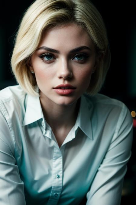 photo of (summrstr0m-135:0.99), a beautiful woman, perfect short blonde hair, (modern photo, tight green aquamarine buttoned up shirt:1.1), 85mm, (analog, cinematic, film grain, hazy atmosphere:1.3), ((plain Bone background, jazz club:1.2)), detailed eyes, (seductive), (epicPhoto), (looking at viewer), jewelry, (cinematic shot:1.3), PA7_Portrait-HL_v2