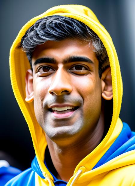 (masterpiece, best quality, awards winner) (illustration), (masterpiece), (best quality), (detailed),  close up portrait Rishi Sunak as rapper dressed in the yellow hodie and blue cap, necless, 8k, hdri, hyperelistic, ultrashrp,  <lora:sunak:1>
