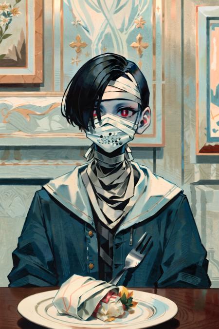 1girl, solo, short hair, looking at viewer, teeth, bandages, sharp teeth, bandaged head, red eyes, jacket, upper body, black hair, bangs, blue flower,
(food, holding, old, fork, table, plate)