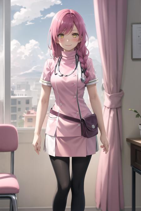 best quality, (masterpiece:1.2), illustration, absurdres, 
(1girl, solo), (beautiful detailed girl),
<lora:Linde-08:0.8>, Linde, pink hair, long hair, braid, medium breasts, yellow eyes,
nurse, pink nurse outfit, pink skirt, stethoscope, purple belt, pouch, black pantyhose, white shoes,
looking_at_viewer, smile, blush,
BREAK,
inside hospital, inside doctor's office,  examination table, medical charts, documents, books, folders,
day, window, curtain, sky, clouds,
standing on one leg