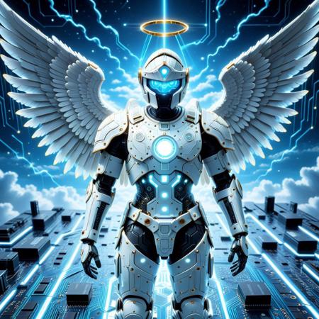 lazympos, depth of field, hyperrealistic, masterpiece, intrincate details, pcb_style, cyberpunk, mechanical, sci-fi, futuristic, glowing pcb patterned neons,
male angel in white roman armor made of pcb, glowing details, circuit board patterned surface, heaven background, white theme, robotic angel, clouds, godly ray shining from above