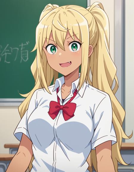 hibiki sakura, long hair, blonde hair, hair between eyes, twintails, green eyes, fang, dark skin, dark-skinned female, gyaru, skirt, shirt, bow, school uniform, white shirt, short sleeves, collared shirt, bowtie, red bow, red bowtie, shirt, cleavage, bare shoulders, collarbone, shorts, black shirt, short shorts, tank top, red shorts, black tank top,