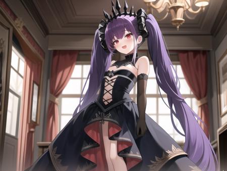 sfw,(hyper extreme detailed),(masterpeace),(best quality),(hyper extreme),CG,indoors,bedroom,1girl, standing, <lora:Felix_Schultz:1>Felix_Schultz,purple hair,twintails,tiara,red eyes, black dress,long skirt,elbow gloves,high heels, petite,