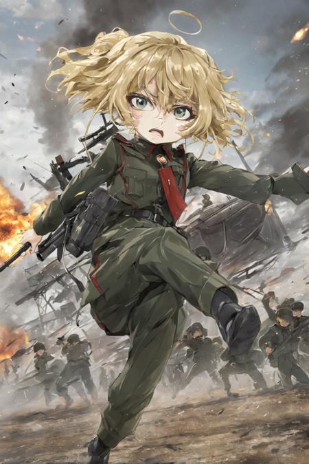 Youjo Senki <lora:youjo_senki:1>, action pose, battlefield, detailed background, masterpiece, best quality, high quality, absurdes