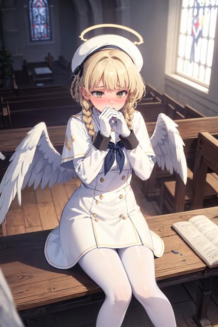 masterpiece, best quality, highly detailed, 1girl, (pov:1.1), <lora:BlueArchive_Trinity_Mob_v1-000195:0.4>, full body, from above, (church, indoors:1.5), white gloves, long sleeves, white sleeves, white dress, capelet, (white pantyhose:1.3), white wings, white sailor collar, (blue cuffs:1.2), black loafers, (black neckerchief:1.2), white beret, halo, (low wings, white angel wings:1.2), sitting on wooden bench, (low front twin braids, short hair, blonde hair, shy, embarrassed:1.5), (open mouth:0.5),