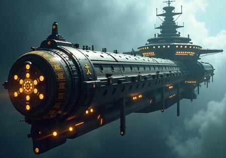 "A hyper-detailed, cinematic portrayal of massive Gothic steampunk star battleships in the grimdark style of Warhammer 40k, captured in ultra-realistic 32k resolution. The battleships have a long, Cylindrical hull, with an imposing hangar, wings and enormous gun turrets, each adorned with intricate, glowing golden runes that add an arcane touch. Gothic, cathedral-like arches, bulkheads, and other architectural flourishes to give them the appearance of imperial grandeur. The ship have a lot of reinforced hulls and bulkheads. Towers, dooms and Windows, balcony.
vessels possess transparent shields. Brutalist in design, the ships bear heavily armored, jagged surfaces engraved with dark religious symbols. Guns and rune-marked turrets extend outward, casting shadows that enhance their intimidating presence.

In the background, a star system spreads out, featuring cosmic stars, scattered debris, and shadowed craters against a vast, starless void. The straight-on, full-shot angle provides a close view of these brutal ships, showcasing their grim, mechanical elegance as they drift silently through space. Cinematic lighting brings out the depth and detail in every engraving, armor texture, and metallic surface, with a subtle film grain overlay that adds realism and texture. The scene captures the haunting stillness and immense scale of Gothic architecture blended with futuristic warfare, creating a mystical, otherworldly atmosphere."