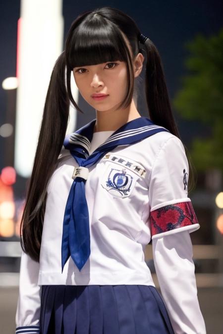 1girl,(wearing a sailor uniform:1.4),(RAW photo, best quality), (realistic, photo-realistic:1.4), masterpiece, an extremely delicate and beautiful, extremely detailed, 2k wallpaper, Amazing, finely detail, extremely detailed CG unity 8k wallpaper, ultra-detailed, highres, hard light, beautiful detailed girl, extremely detailed eyes and face, beautiful detailed nose, beautiful detailed eyes,cinematic lighting,city lights at night,(at Shibuya city center),perfect anatomy,slender body,<lora:mizyu_lora:0.7>