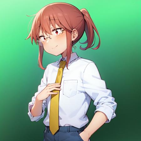 best quality, masterpiece, 1girl, solo, kobayashi \(maidragon\), upper body, smile, closed mouth, ponytail, glasses, red eyes, white shirt, red hair, collared shirt, pants, yellow tie, flat chest, outdoors, shirt tucked in, hands in pockets, small hands, standing, sidelocks, straight-on,