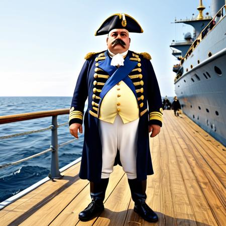Full body in frame, from head to toe, wide angle view from side, distant camera, long shot, wide shot.Full body in frame, from head to toe, wide angle view, distant camera, long shot, wide shot.  
A fat middle-aged Turkish-German man standing confidently on the deck of a large wooden battle ship, at sea.  
He is wearing a detailed 19th century navy officer uniform with golden epaulettes, a blue coat, brass buttons, and a tricorn hat.  
Strong physical body, musclechub, burly, thick arms and legs, barrel chest.  
Masculine square face, big nose, thick eyebrows, broad chin.  Background is sea.
Realistic lighting, moonlight, 8k, photorealistic, ultra detail, clothes and body details
 <lora:Better_expressionsH:0.6> <lora:detailed_notrigger:0.7> <lora:Walrus_Mustaches:0.6>