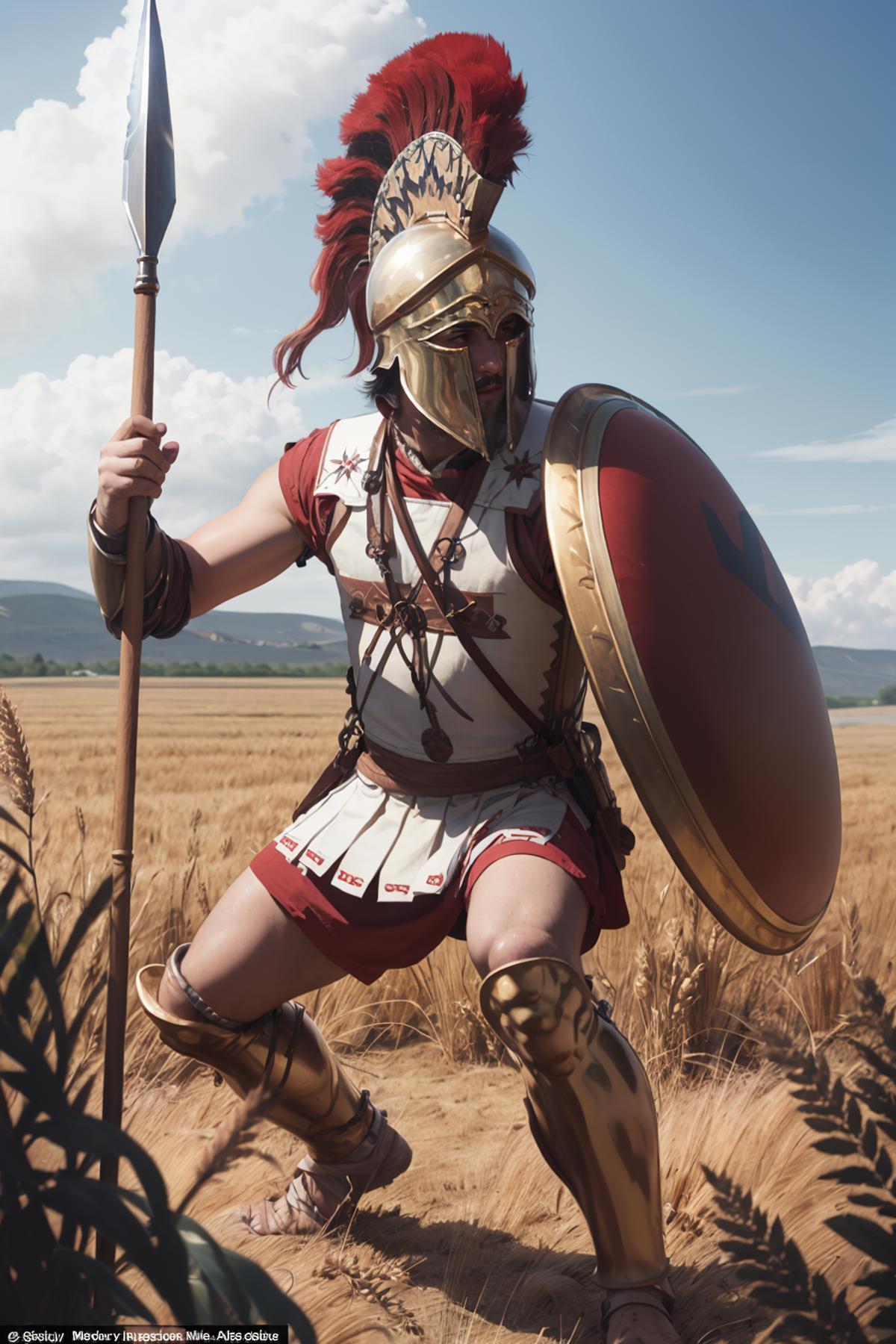 A Warrior in Roman Armor Standing in a Field