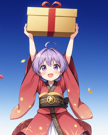 sukuna shinmyoumaru,1girl, solo, open_mouth, wide_sleeves, looking_at_viewer, long_sleeves, blush, red_kimono, gradient_background, gradient, no_headwear, holding_gift, obi, confetti, arms_up, gift_box, object_on_head, blue_background, purple_ribbon, bowl, teeth, :d
<lora:sukuna_shinmyoumaru_image2500_2023-12-20-000006:1>,star-shaped_pupils,symbol-shaped_pupils,. gorgeous,key visual, vibrant, studio anime,award-winning, professional, highly detailed,high budget, cinemascope