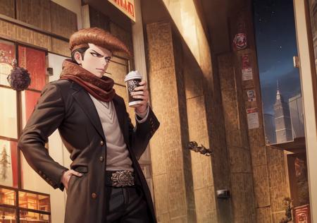 masterpiece, best quality, owada mondo, 1boy, pompadour, brown hair, purple eyes, beige jacket, open jacket, red sweater, scarf, muscular, <lora:Owada_Lora-05:0.5>, drinking a coffee, winter, night, city, print jacket