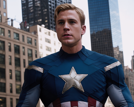 from avengers  <lora:avengers_offset:1>,  realistic, a portrait photo of  Captain America in New York city, handsome, blonde hair, professional, (Extremely Detailed:1.2), glow effects, godrays, intricate details, sharp focus, dramatic, photorealistic,sharp contrast