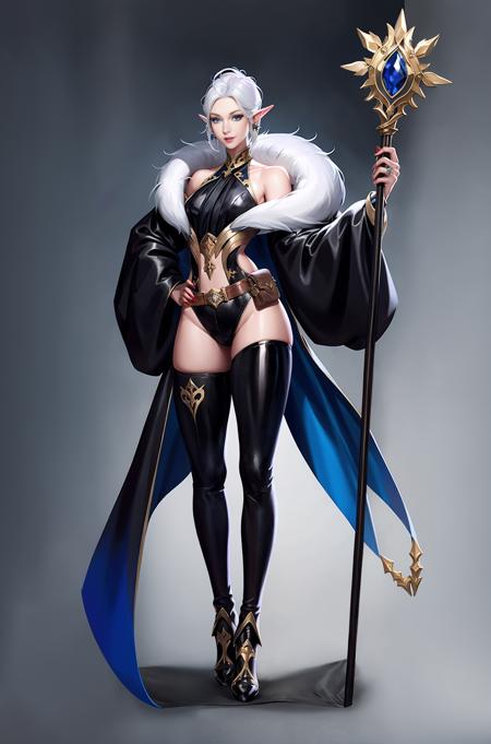 Game characters, original design, European style, 1girl, pointy ears, solo, high heels, holding, staff, elf, hand on hip, breasts, bare shoulders, holding staff, high heel boots, standing, full body, puffy sleeves, belt, boots, fur trim, short hair, thighhighs, blue eyes, black footwear, white hair, looking at viewer, long sleeves, puffy long sleeves, single pantsleg, asymmetrical clothes, lips, off shoulder, jewelry, earrings, skin tight, black leotard, pouch, pants, leotard, mole, medium breasts, fingernails, coat, halterneck, gradient<lora:CG Game xieshi:1>,