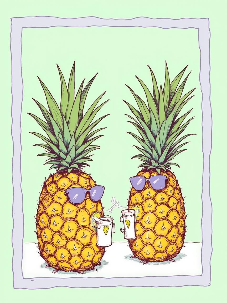 1nk3dch4t An illustrated image of two pineapples chatting over coffee. background is pastel green, frame is lilac with thin white border, <lora:inkedgemono-simple_epoch-08:1.0>