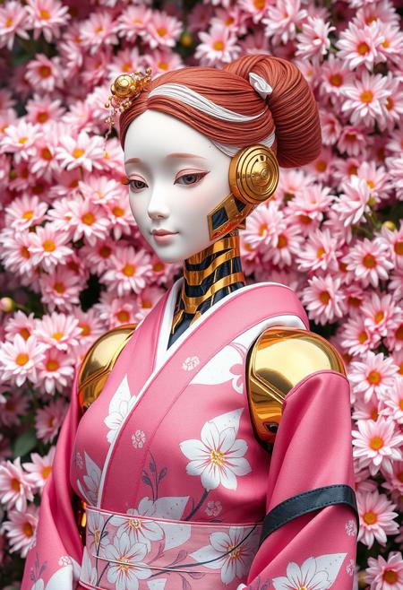 1girl, 20y.o. 4k,best quality,masterpie,1 girl,(red hair,multicolored hair, Bob cut,) visually striking blend of traditional Japanese aesthetics with futuristic elements. The central figure is a golden robot with a humanoid appearance, specifically designed to resemble a female figure wearing a kimono. The robot's head is adorned with a traditional Japanese hairstyle, often associated with a geisha, including a shimada-style bun and kanzashi hairpins. The robot's face is featureless and smooth, with a pale pink hue that matches the color scheme of the kimono. The kimono itself is beautifully detailed, with patterns of flowers that echo the surrounding blooms, and it includes shades of pink, white, and purple, with black and dark pink accents on the collar and edges. The background is filled with a dense array of pink flowers, likely chrysanthemums, which create a harmonious and lush backdrop that complements the robot's attire. The overall effect is a striking juxtaposition of the organic beauty of traditional Japanese floral motifs with the sleek, modern lines of robotic design. The image seems to explore themes of tradition versus modernity, nature versus technology, and the evolving definitions of beauty and identity,futubot,(light blue background), ((magazine cover)),,smile,cleavage cutout ,(oil shiny skin:1.0), (big_boobs:1.0), willowy, chiseled, (hunky:1.6),(perfect anatomy, prefect hand,), 9 head body lenth, dynamic sexy pose, (artistic pose of awoman),from_front,