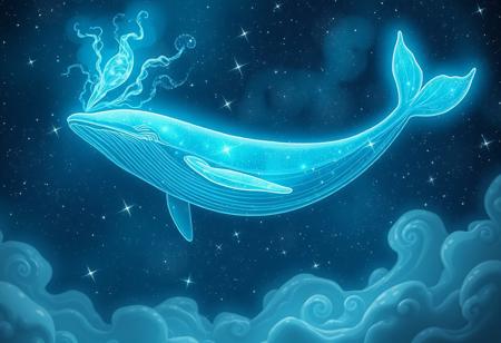 The magical world, the light blue illusory whale, whose specific appearance cannot be seen clearly, soars in the starry sky, with rich details in the background,