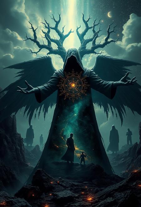 A universe inside a dark cloaked figure within mysterious landscape in an unfathomable realm of fantastic creation inhabited by ancient shadows of a forgotten time beyond the gate of the gateless gate where life is limitless, light is shadow and shadow is light, eerie sense, horror, spark of the beginning, existence and nonexistence at once, ethereal, outstretched arms, behold the end of the beginning, inglorious glory to the dark one, betrayal of the ancient order, beware the 7headed beast, destroyer of the old ways, bearer of the unbearable, nightmarish, archaic runes, tree aging backwards, breath of the gods, ruins of a place unimagined, extreme intricate detail, photorealistic, beyond epic scene, fate discarded, unseeable face of god, the end is the beginning, the beginning is the end, man arises as god dies, as above so below, as below so above, emerald tablet, thoth, guardian and saboteur of existence, hopeless hope, ghosts of the unborn, conception of the inconceivable, cosmic well of imperceptible perception