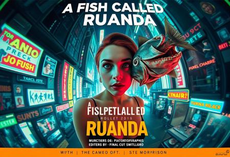 **“A captivating and surreal movie poster for A Fish Called Ruanda, a futuristic B-movie thriller with a girly, campy twist. The scene is viewed through the exaggerated distortion of a fish-eye 12mm cinema prime lens, pulling the viewer into the chaotic, neon-soaked dystopian cityscape. Front and center is the main actress, Katarina Pesceallegro, a striking redhead with a mix of glamour and danger in her expression. Floating ominously nearby is a grotesque, decaying fish, symbolizing the ‘very rotten climax.’
The poster includes bold, retro-futuristic typography for the title A Fish Called Ruanda, with the subtitle in Polish beneath it. The credits at the bottom feature:
	•	Directed by: Max Morrison
	•	Director of Photography: Diego Dalla Luce
	•	Edited by: JOE “FINAL CUT” Switcho
	•	Main Actress: Katarina Pesceallegro
	•	Co-Starring: JOE FISH
	•	With the Cameo of: STEWEN SEAGULL
The design blends neon tones, gritty textures, and campy B-movie flair, making it a trendsetting cinematic experience that teases its quirky, action-packed storyline.”**