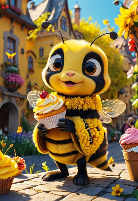This 3D model is a delightful and vivid cartoon representation of a bee, dressed in a yellow outfit and adorably holding a cupcake. Drawing inspiration from the unique styles of Ilya Kuvshinov and Seth MacFarlane, it combines meticulous, photorealistic still lifes with the charm of character illustrations reminiscent of David Teniers the Younger.
The use of screen tones adds depth and intrigue to the scene, while the 32K UHD resolution ensures that every detail is crisply and beautifully rendered, capturing the viewer's attention and immersing them in the whimsical world of this charming, cartoon bee.