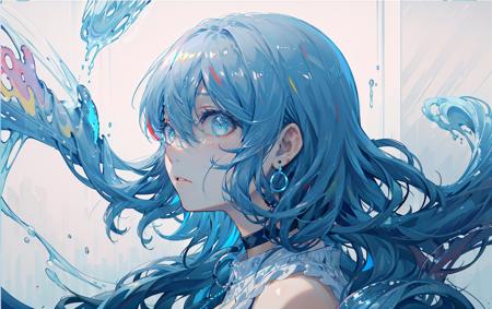 8k wallpaper, masterpiece,Cinematic Lighting, best quality,Illustration,dramatic angle, ((colorful:1.1)), ((colored inner hair:1.4)),
1girl, solo, long hair, water, blue eyes, choker, parted lips, white choker, liquid hair, white hair, bangs, from side, profile, upper body, blue hair, simple background, grey background, bare shoulders, portrait, looking at viewer, white dress, hair between eyes, multicolored hair, white background,earrings, <lora:beautifulDetailedEyes_v10:1>