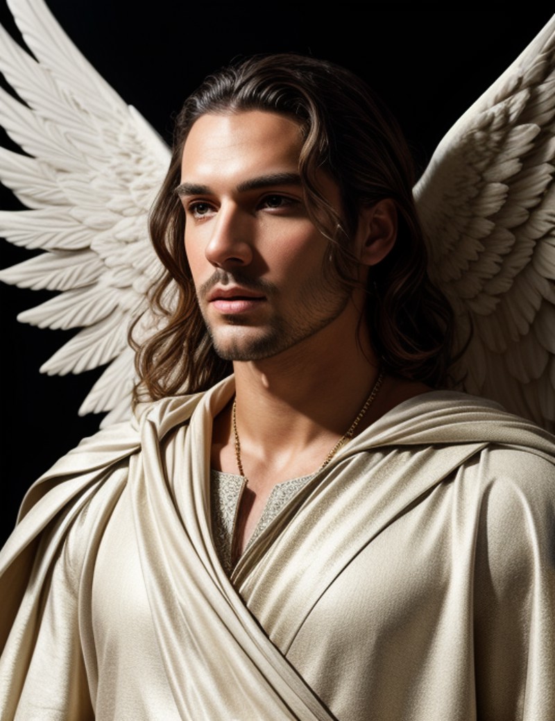 RAW, an angel white man European ethnicity wearing Greco-Roman clothing with realistic face and a big wing white and shiny...